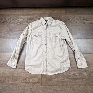 LAUREN Ralph Lauren Snap Button Down Khaki Shirt, Roll-Tab Sleeve, Safari, Sz M